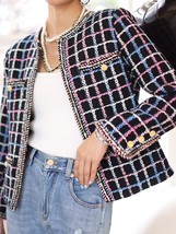 Small Fragrance Design Autumn Women Vintage Plaid Tweed Jacket Short Coats Korea - £55.58 GBP