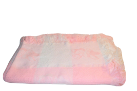 VTG  Baby Blanket Pastel Pink Acrylic Fringed Knit Bunny Rabbit Waffle - $15.35