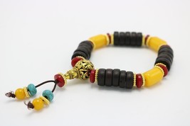 Stone and Wood Beaded Bracelet Gold Color Gourd Yellow Red Black Turqoise - £7.09 GBP