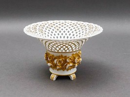 KPM Antique White Gold Floral Porcelain Reticulated Basket Compote Pedestal Bowl - £903.03 GBP