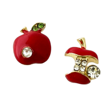 Red Apple Eaten Core Rhinestone Earstuds Stud Post Pierced Earrings Teacher Gift - £7.50 GBP