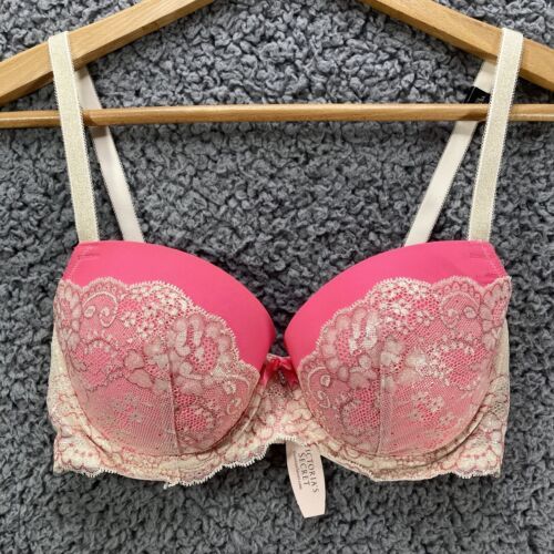 Primary image for Victoria Secret Dream Angels Lined Demi Bra Pink Gold Push Up Underwire 32DD