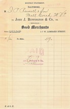 Baltimore Maryland ~ John J Buffington Co-Seed Negozianti ~1908 Billhead - £4.68 GBP