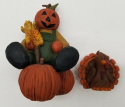 Lot of Two(2) Suzi Halloween Jack-o-Lantern Turkey Pumpkin Autumn Fall Figurines - £30.99 GBP