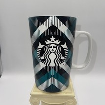 Starbucks 2015 Tartan Plaid 16 oz Coffee Tall Mug Teal/Black/White w / Handle - £13.57 GBP