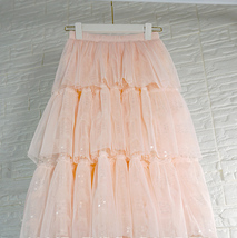 Blush Sparkly Layered Tulle Skirt Outfit Women Plus Size Party Tulle Midi Skirt image 3