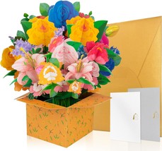 Flower Bouquet Pop Up Card Unique Handmade 3D Floral Box Greeting Card Thank You - $23.51