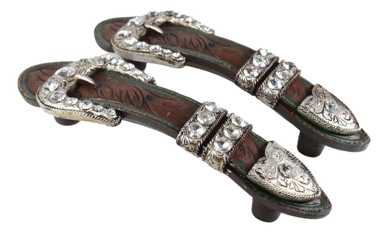 Set Of 6 Western Faux Tooled Leather Bling Belt Buckle Drawer Cabinet Bar Pulls