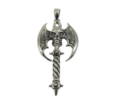 Handcrafted Men&#39;s Solid Sterling Silver Skull Battle Axe Reaper Gothic Pendant - £28.53 GBP