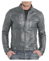 Jacket Leather Biker Motorcycle Mens Coat Vintage Bomber Lambskin Slim Gray 157 - £40.27 GBP+