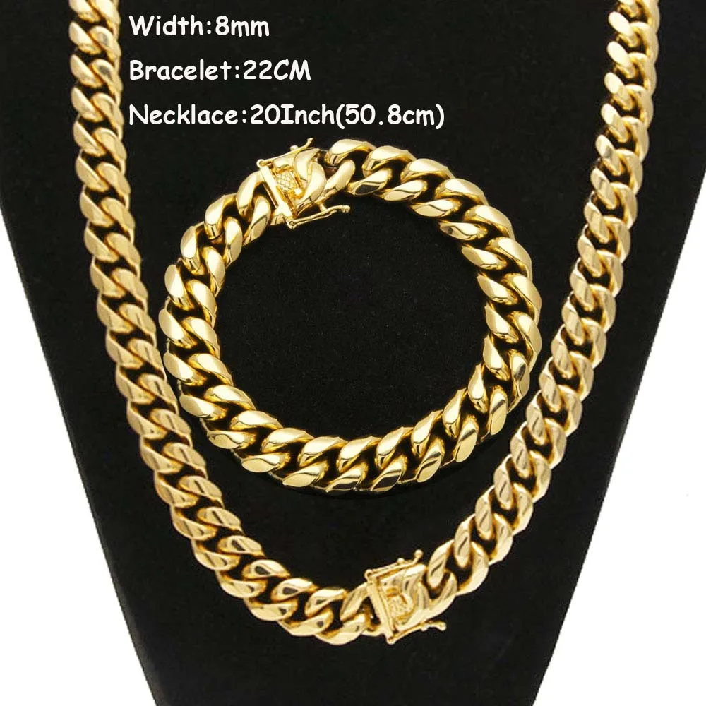 8mm/10mm/12mm/14mm Stainless Steel Miami Cuban Chain Necklace Bracelet Boy Men F - £76.17 GBP