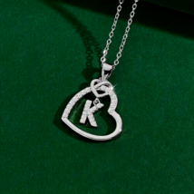 1Ct Round Real Moissanite Heart Initial &quot;K&quot; Letter Pendant 14k White Gold Plated - £156.94 GBP