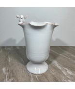 White Rustic Garden Planter Vase with Bird on Rim Country Farmhouse 10&quot; - €42,58 EUR