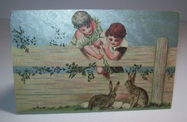 Vintage Easter Greetings Postcard Children Playing With Bunny Rabbits Original - £15.31 GBP