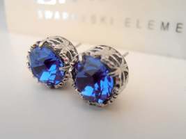 Sapphire Blue Filigree Stud Earrings Art Deco Summer Jewelry Mom Birthday Gift  - £27.17 GBP