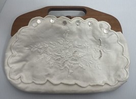 Vintage Wooden Handle White cotton embroidered Purse 11 x 8 - £11.01 GBP