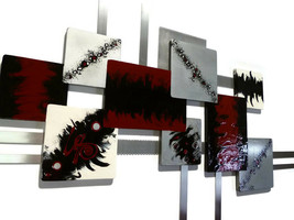 Blazing Burgundy Contemporary Abstract Wood Metal Wall Sculpture 50x32 b... - $440.00