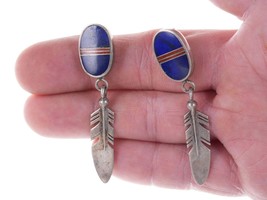Navajo Ray Tracey Knifewing Coral/Lapis sterling channel inlay feather earrings - $173.25