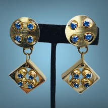 vtg Statement Designer Kien blue rhinestone gold tone clip on dangle earrings - £58.83 GBP