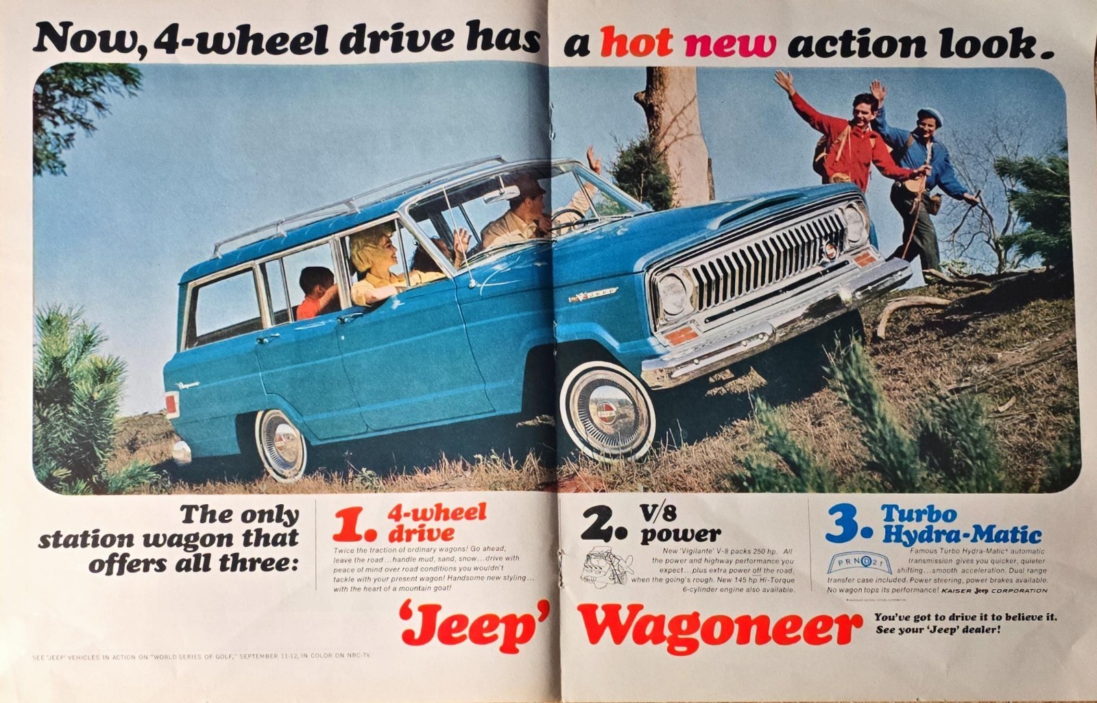 Jeep Wagoneer 4 wheel drive turbo hydra matic 2 page-1965 Vintage Print Ad - £10.67 GBP