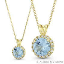 Round Cut Simulated Aquamarine Cubic Zirconia CZ Halo Pendant in 14k Yellow Gold - £51.57 GBP+