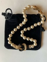 Vtg Swarovski Pearl necklace art deco signed Swan pave crystal black goldtone - £125.82 GBP
