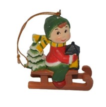 Vintage Boy on Sled Winter Christmas Tree Ornament 2.5&quot; - £6.92 GBP