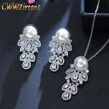 Fashion Brand Long Feather Dangle CZ Crystal Silver Plated Pearl Necklace Earrin - £21.13 GBP