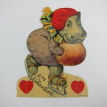 Vintage Valentine Die cut Hippo Ice Skating Anthropomorphic Hat Scarf Muff Heart - £7.98 GBP