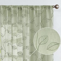 Lazzzy Sage Green Sheer Curtains Leaf Embroidered Semi Sheer Privacy Curtains - £28.76 GBP