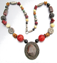 Large Vintage Silver, Horn, Carnelian Bead &amp; Big Agate Pendant Necklace - $17.77