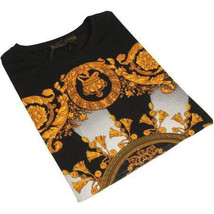 Men LAVERITA European Fashion Crew Shirt Rhine Stones Crown Florals 12089 Black image 2