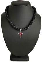 Black Iced CZ Disco Ball Bead Baseball Drip Necklace + Silver Red Cross Pendant - £23.21 GBP+