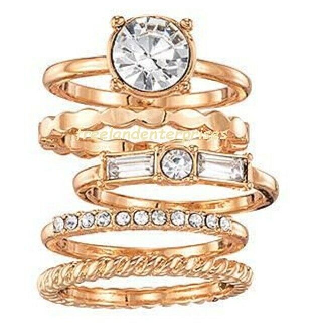 Ring Party Rings Multi Pack Stacking 5 Ring Set ~ Goldtone ~ Size 8 ~ NEW Boxed - £15.53 GBP