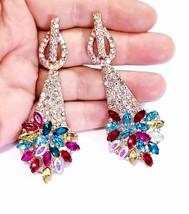 Multi Color AB Drop Earrings, Bridesmaid Rhinestone Earrings, 3.4 Inch Pageant J - £28.75 GBP