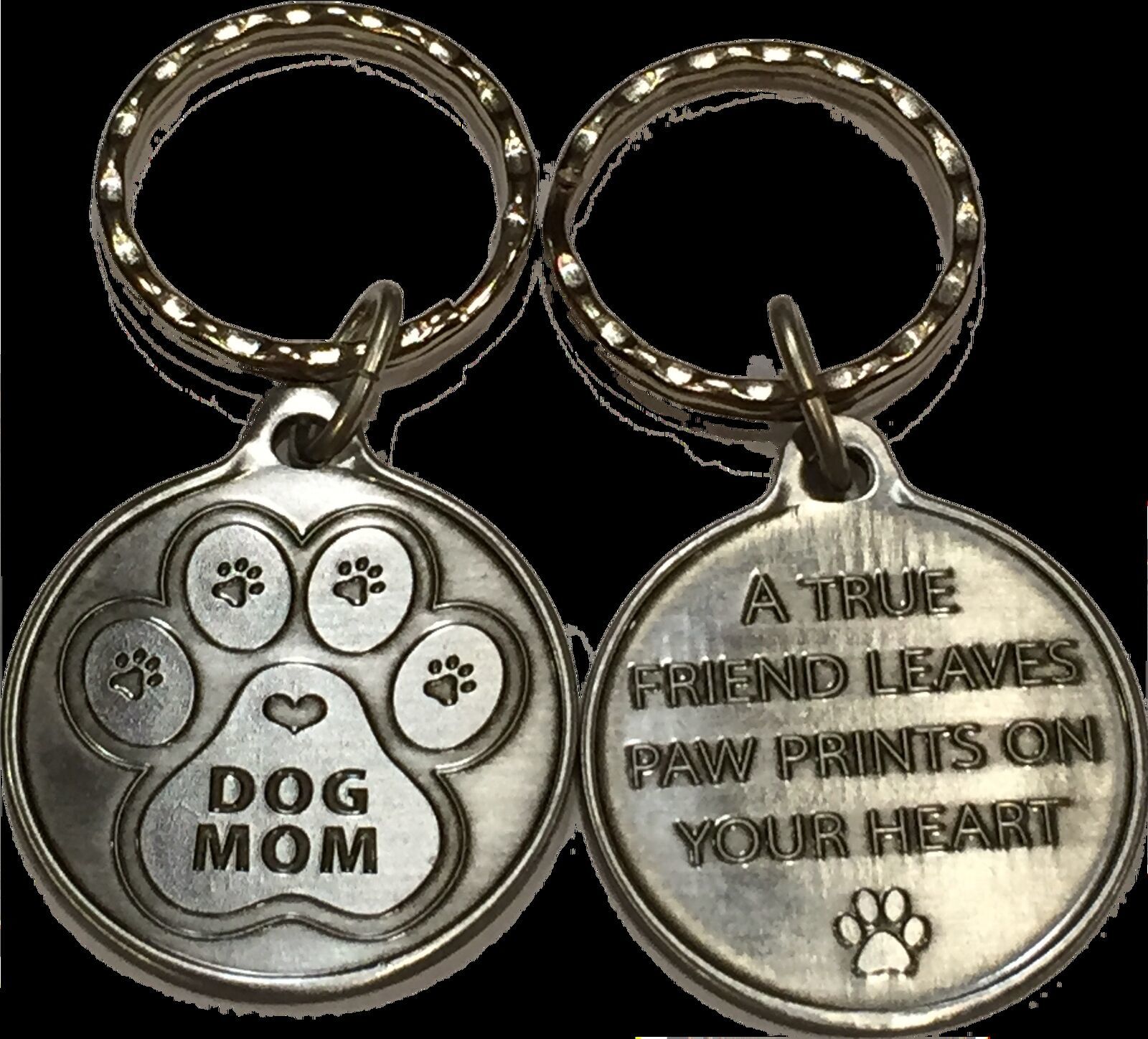 Dog Mom Paw Print Heart - A True Friend Dog Pet Key Chain Tag Keychain Pewter