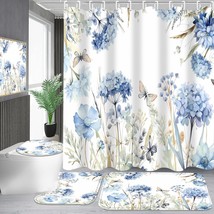 4-Piece Blue Floral Shower Curtain Set Butterfly Flowers Bathroom Set With Showe - $33.99