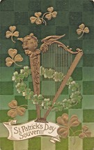 St Patricks Day SOUVENIR-GILT Harp &amp; SHAMROCKS~1910s Postcard - £7.69 GBP