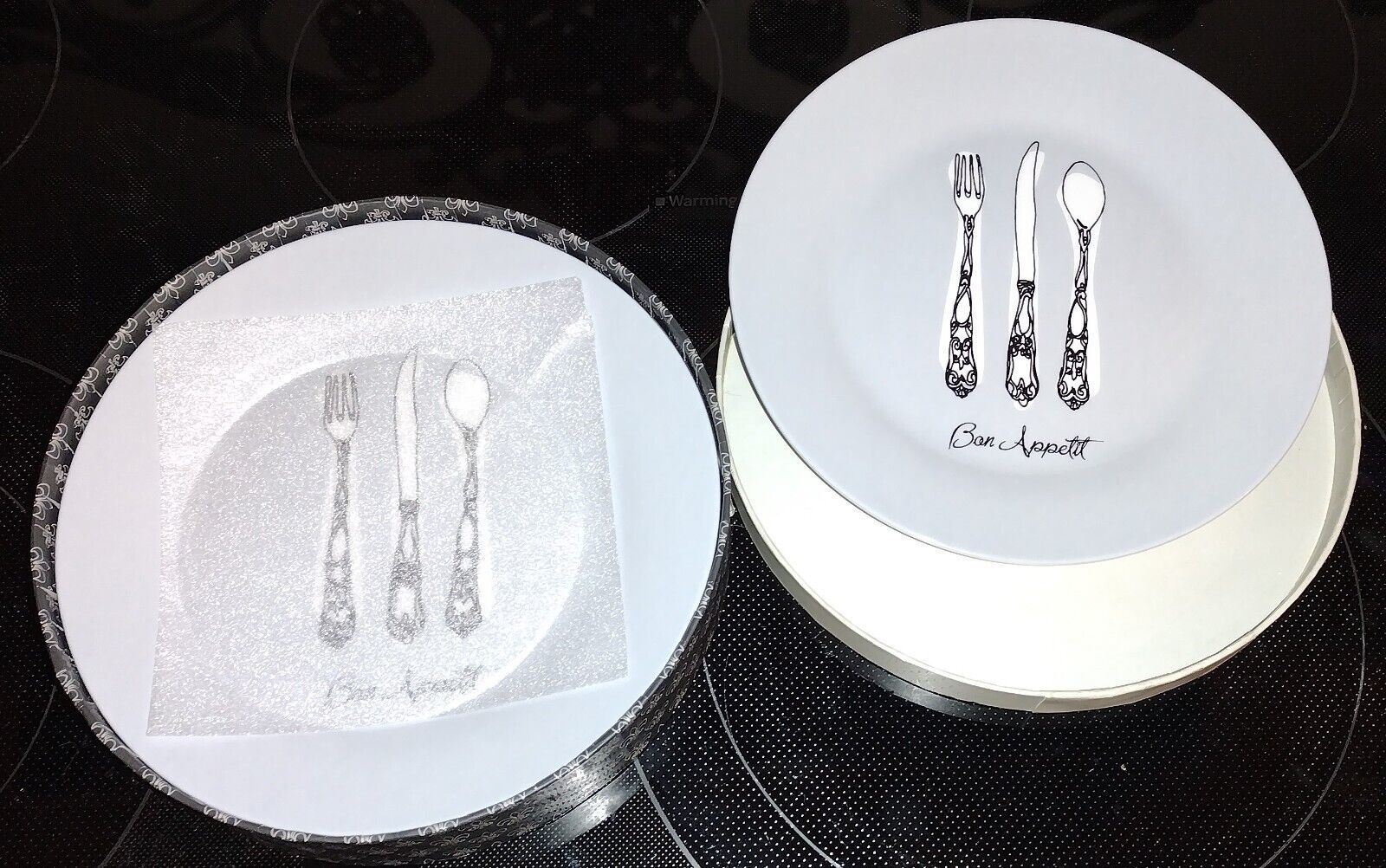 Primary image for C.R. Gibson Bon Appetite Dessert Plate 8" Paris Theme Fork-Knife Spoon 4pc Box