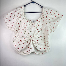 Lily White Cherry Crop Top Womens 2X Twist Gather Smock Puff Sleeves Square - £12.79 GBP