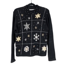 OHI VTG Sweater S Womens Winter Snowflacke Black Silver Gold Beads Embroidered - £18.42 GBP