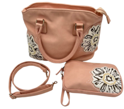 Womens Pink With Flowers Soft Vinyl Handbag Crossbody Wristlet Wallet Ma... - £8.78 GBP