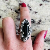 Art Nouveau Large Onyx Sterling Silver Detailed Carved Handcrafted Ring - £73.41 GBP