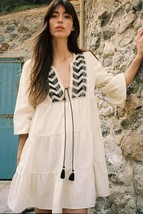 ZARA BOHO EMBROIDERED PANEL ECRU MINI DRESS XL - $1,125.26 MXN