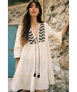 ZARA BOHO EMBROIDERED PANEL ECRU MINI DRESS XL - $1,121.45 MXN