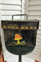 Vintage tole painted metal tin box  Pail mushrooms  primitive folk art l... - $37.62