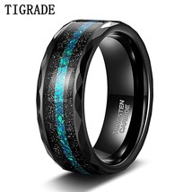 8MM Tungsten Mens Wedding Bands Multi-Faceted Edge with Black Sand and Green-Blu - £23.93 GBP