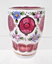 OLD BOHEMIAN CZECH Cased Glass WHT Overlay Cut to Pink Cranberry 2 3/8 V... - $39.11