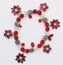 Beautiful Red Bead and Poinsettia Bracelet Christmas Holiday Glitter Enamel - £15.64 GBP