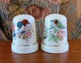 2 Vintage Gold Rimmed Porcelain Sewing Thimbles w/ a Woodpecker &amp; Hummin... - $11.87